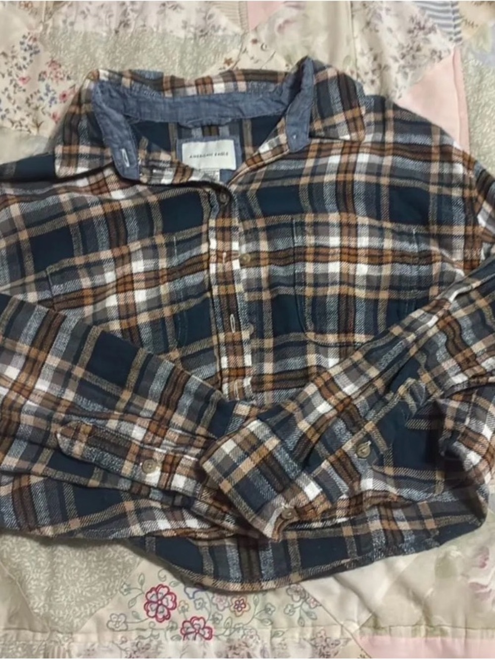 American Eagle Outfitters Plaid Button-Down Shirt in Blue, Brown and White